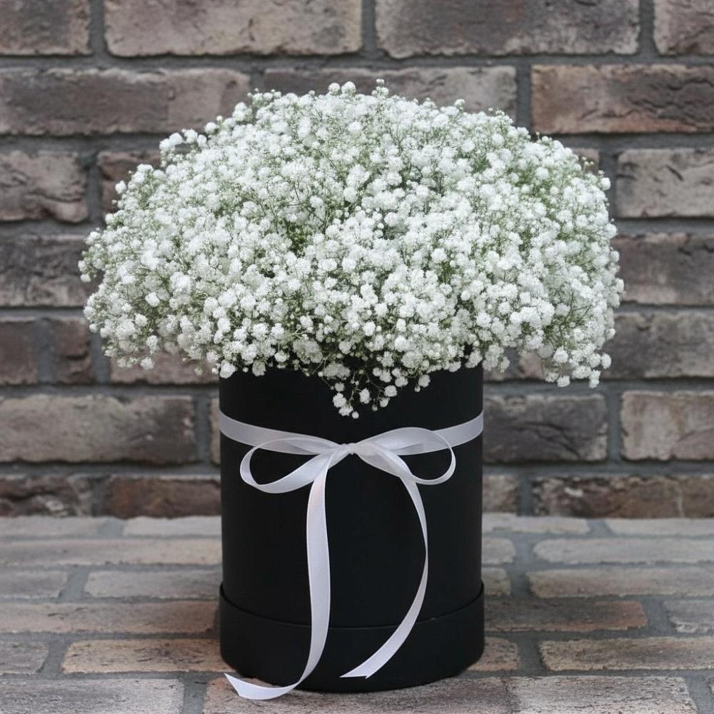 Цветочная композиция из Гипсофила в шляпной коробке в Левокумке