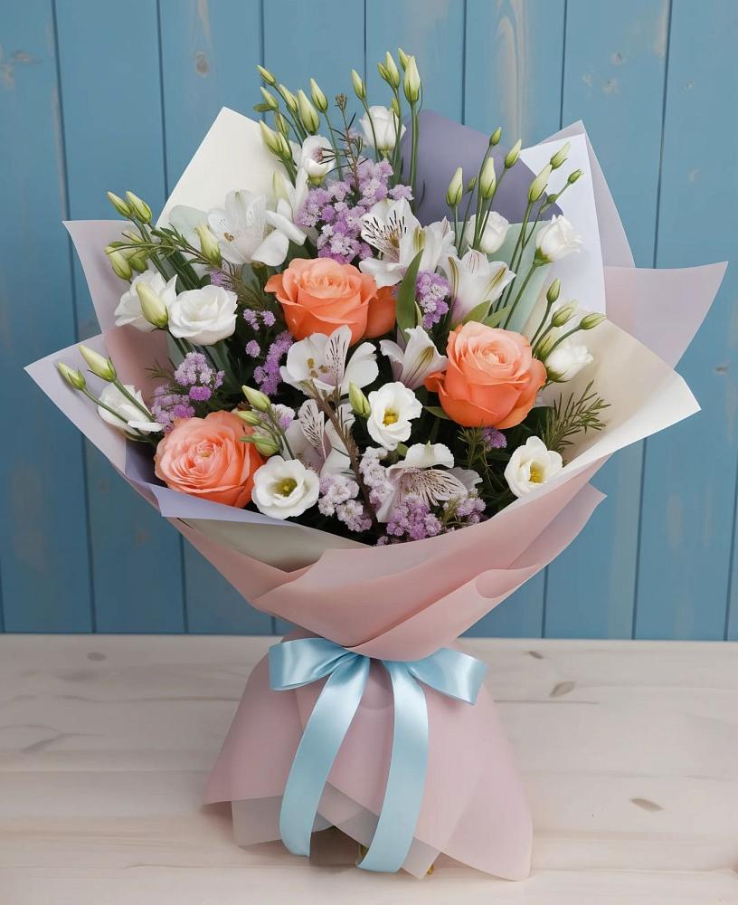 Букет цветов из: Лизиантусы, Розы, Альстромерии и Гипсофила в Левокумке