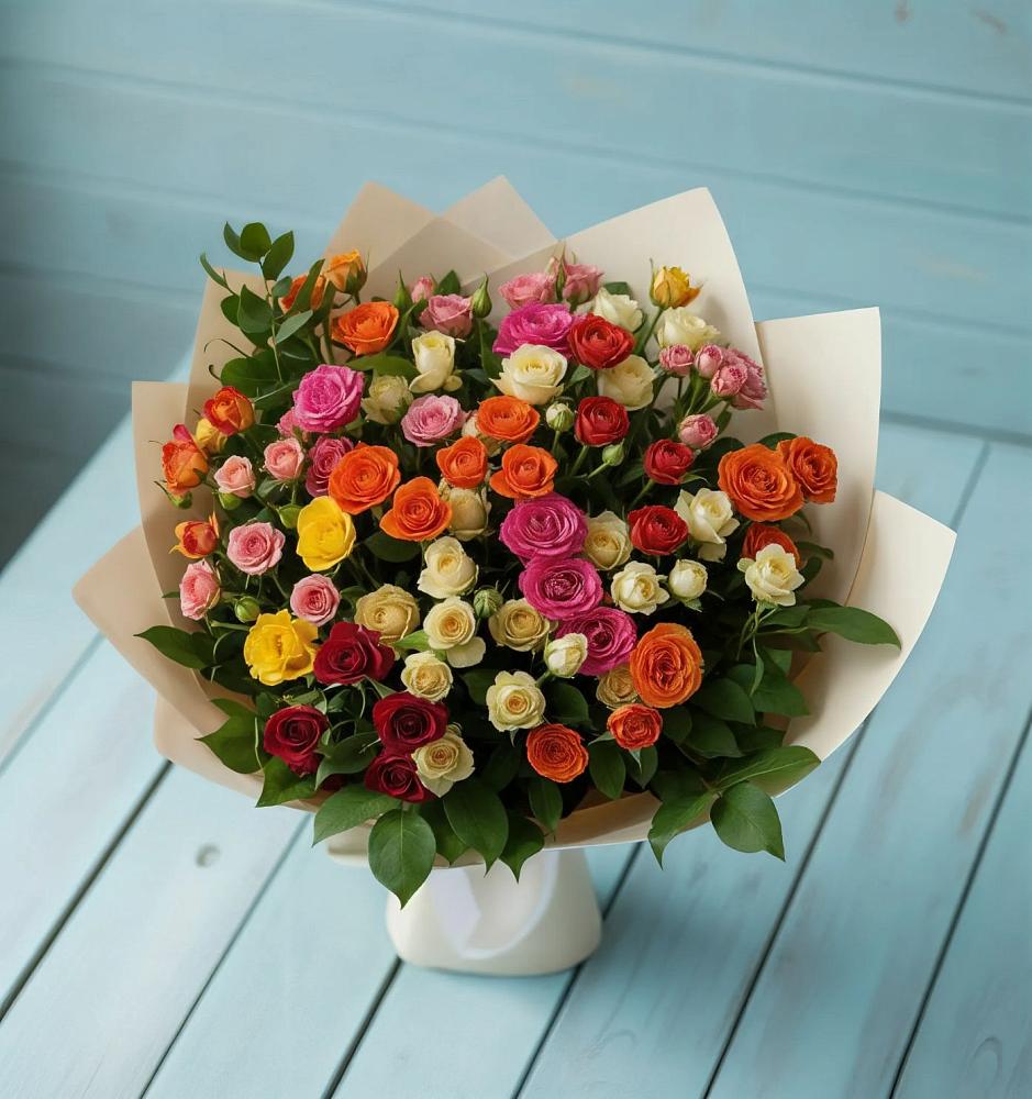 Букет Микс из разноцветных кустовых роз в Левокумке