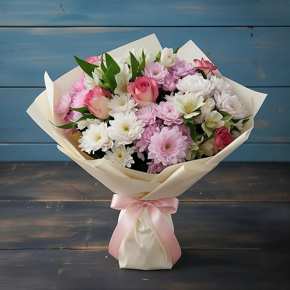 Букет цветов из: Хризантемы, Альстромерии и Розы в Левокумке